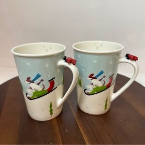 Starbucks 2011 Winter Holiday Skiing Mugs Set of 2 Bone China Snowflake Cups